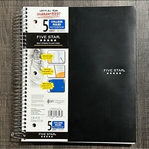 New 200-Page College Ruled Five Star Black Spiral 5-Subject Notebook